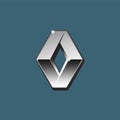 The close up vector of silver 3D Renault logo on blue background. Isolated