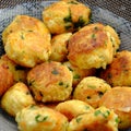 Close up vegan food, fried tofu ball in yellow for vegetarian meal Royalty Free Stock Photo