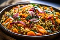 close-up of vegan israeli couscous salad