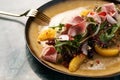 Close-up vegetable salad with Smoked duck breast. Royalty Free Stock Photo