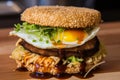 Close-up of a vegetarian Ramen burger with a crispy tofu patty and teriyaki sauce