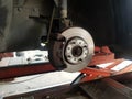 Close-up vehicle axle inspection, disc brake