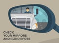 Close-up of a vehicle wing mirror. Reflection of a truck in a car rear view mirror. Check your mirrors and blind spot.