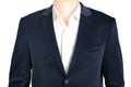 Close-up velvet navy blue suit coat for men, isolated on white.