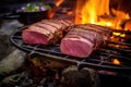 close-up of venison steaks on a campfire grill