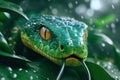Close-up of a Venomous Green Snake Camouflaged Among Lush Leaves, Its Sharp Fangs Are Barely Visible, a Master of Disguise in the
