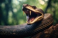 Close up of a venomous snake with sharp teeth and open mouth, a large snake with its mouth open and its tongue out, AI Generated