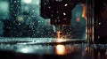 Close-up of a vertical CNC router creating metal parts in a modern factory with sparks and lens flares illuminating the dark