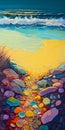 Close-up vertical illustration of sea beach with multicolor pebbles. Digital painting