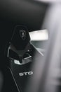 A vertical shot of details on the interior of a luxurious Lamborghini Huracan Sto Royalty Free Stock Photo