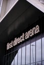 Close up vertical shot of the First Direct Arena entrance sign