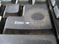 Close up of very dirty black keyboard key with an inscription Enter. Button covered with a layer of dust with a fingerprint.