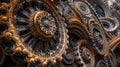 A close up of a very ornate clock with gold and black designs, AI
