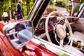 Close up of veteran car, dashboard, steering wheel, rearview mir Royalty Free Stock Photo