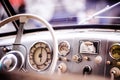Close up of veteran car, dashboard, windshield, steering wheel Royalty Free Stock Photo