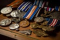 A close-up of a veteran\'s military medals and decorations, displayed with pride and honor, showcasing their achievements and