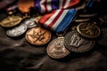 A close-up of a veteran\'s military medals and decorations, displayed with pride and honor, showcasing their achievements and