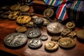 A close-up of a veteran\'s military medals and decorations, displayed with pride and honor, showcasing their achievements and