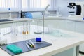 Close-up of veterinary lab counter showcasing testing equipment and tools, emphasizing a clean and organized workspace for Royalty Free Stock Photo