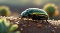Emerald Jewel Beetle Adorned with Dewdrops Crawling on a Textured Surface in Natural Light Royalty Free Stock Photo