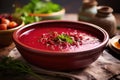 close-up of vibrant beetroot soup in bowl