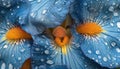 Close-up of vibrant blue iris flowers with fresh dew drops in a garden setting Royalty Free Stock Photo