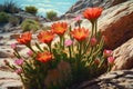 close-up of vibrant cactus flowers in desert landscape