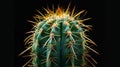 Close-up of a vibrant cactus with sharp spines against a black background