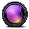 Close-up of a vibrant camera lens reflecting colorful light in a studio setting during the daytime Royalty Free Stock Photo