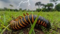Striped Centipede Crawling on Green Grass Under a Stormy Sky Royalty Free Stock Photo
