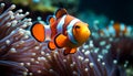 Close up of a vibrant clown fish swimming in a coral reef generated by AI