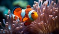 Close up of a vibrant clown fish swimming in a reef generated by AI