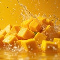 Close-up of Vibrant Cut Mangos with Splashing Water