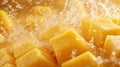 Close-up of Vibrant Cut Mangos with Splashing Water