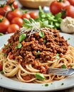 close up of vibrant and delicious spaghetti bolognese Italian pasta Royalty Free Stock Photo