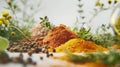 Close-up vibrant display of various spices and herbs, with mounds of ground spices in the foreground and sprigs of fresh herbs