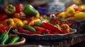 Close-up vibrant display of various types of peppers, including green, red, yellow, and orange ones, arranged in colorful bowls Royalty Free Stock Photo