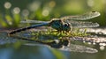 Dragonfly Reflection on Water Surface in a Serene Natural Setting with Bokeh Background Royalty Free Stock Photo