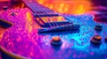 Close-up of a vibrant electric guitar with water drops under neon light Royalty Free Stock Photo
