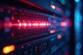 Close-up of vibrant fiber optic strands in server pattern inside