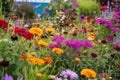close-up of vibrant garden, with bees and butterflies fluttering among the blooms