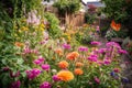 close-up of vibrant garden, with bees and butterflies fluttering among the blooms