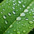 Close up of a vibrant green leaf covered with numerous water droplets Royalty Free Stock Photo