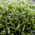 Green moss with multiple clear water droplets resting on its Royalty Free Stock Photo