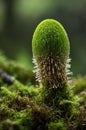 Green Elfcup Mushroom Growing in a Mossy Forest, Perfect Macro Shot Royalty Free Stock Photo