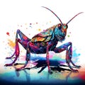 A close-up, vibrant illustration of a grasshopper with a colorful, splattered paint effect against a white background