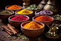 close-up of vibrant indian spices in bowls