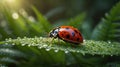 Ladybug resting on a lush green leaf covered in dew drops in the morning sun. Royalty Free Stock Photo