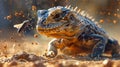 A close-up of a vibrant lizard in motion, capturing its dynamic interaction with a fly in a dusty environment