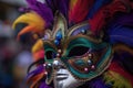 close-up of vibrant mardi gras mask, with beads and feathers in the background